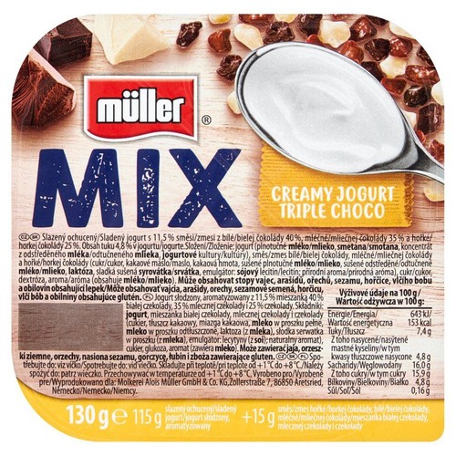 Opakowanie jogurtu Müller Mix z kremowym jogurtem i trzema rodzajami czekolady: białą, mleczną, gorzką. Waga 145g.