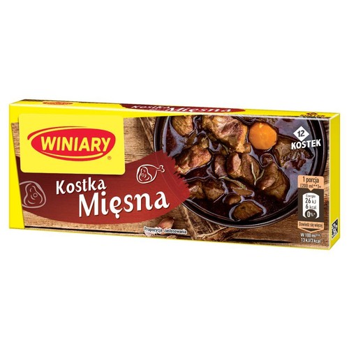 Produkt Winiary Kostka Mięsna w żółtym kartonowym opakowaniu. Zawiera 12 kostek bulionowych. Na pudełku znajduje się ilustracja gotowej potrawy: gęstego gulaszu z kawałkami mięsa i marchewką.