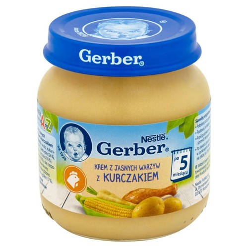 Słoiczek Gerber z kremem z jasnych warzyw i kurczakiem. Produkt dla dzieci od 5 miesiąca życia, z niebieską zakrętką.