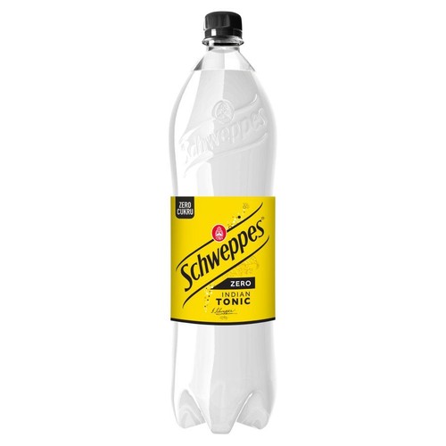 Napój Schweppes Zero Indian Tonic w plastikowej butelce o pojemności 1.75L. Etykieta jest żółta z czarnym napisem "Schweppes" i "Zero Indian Tonic". Widoczna jest również informacja "Zero cukru".