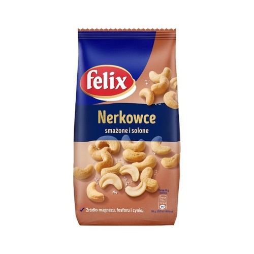 Brązowo-niebieskie opakowanie orzeszków nerkowców Felix, smażonych i solonych. Na froncie widoczna grafika wielu nerkowców z kryształkami soli. Produkt jest źródłem magnezu, fosforu i cynku.