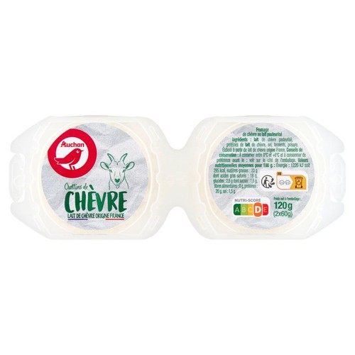 Dwa okrągłe sery kozie Crottins Auchan, łącznie 120g. Wykonane z mleka koziego z Francji.