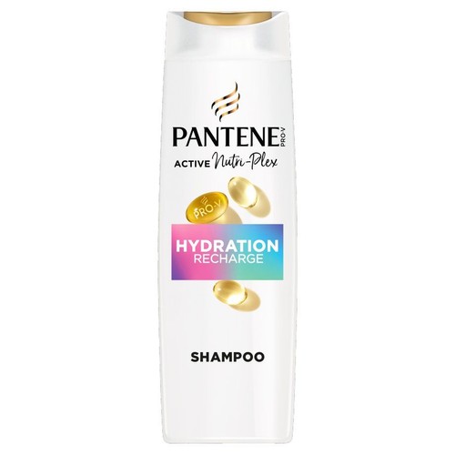 Szampon Pantene Pro-V Hydration Recharge w białej butelce ze złotą zakrętką i kolorową etykietą.