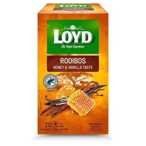 Herbata Loyd Rooibos z miodem i wanilią. 20 indywidualnie pakowanych saszetek. Certyfikat Rainforest Alliance.