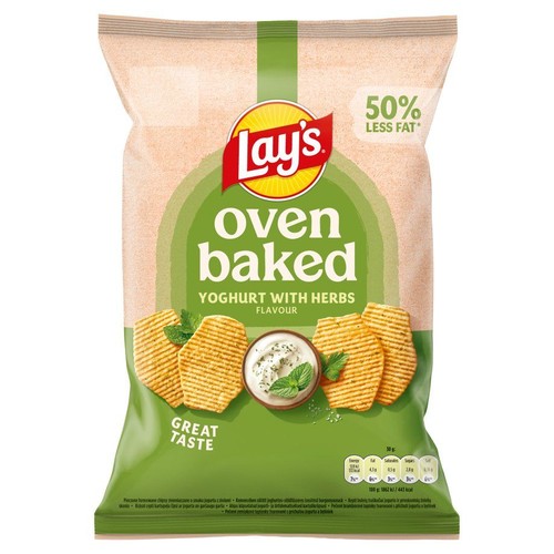 Paczka chipsów Lay's Oven Baked, pieczone, smak jogurt z ziołami. Zapewnia 50% mniej tłuszczu. Waga 100 gramów.