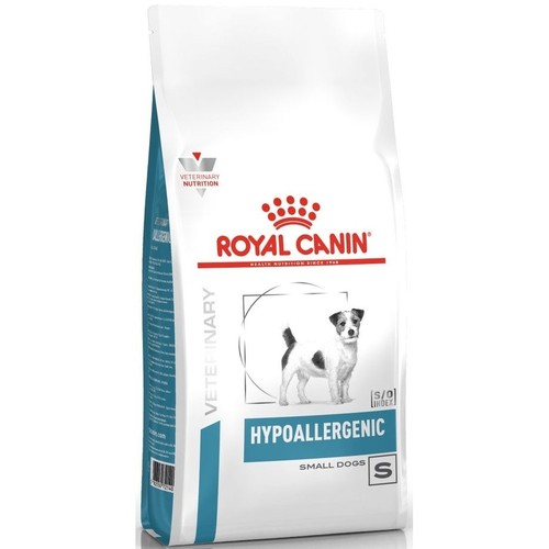 Biała torba karmy Royal Canin Hypoallergenic dla małych psów. Na opakowaniu widnieje logo Royal Canin i wizerunek psa.