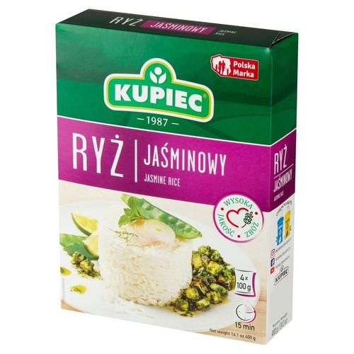 Ryż jaśminowy Kupiec w zielono-fioletowym kartonie. Zawiera 4 torebki po 100g. Czas gotowania 15 minut.