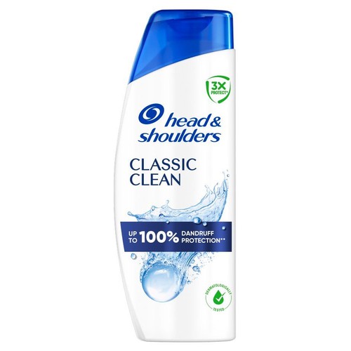 Biała butelka szamponu Head & Shoulders Classic Clean 95ml z niebieską zakrętką. Na etykiecie logo i napis "3x Ochrona".