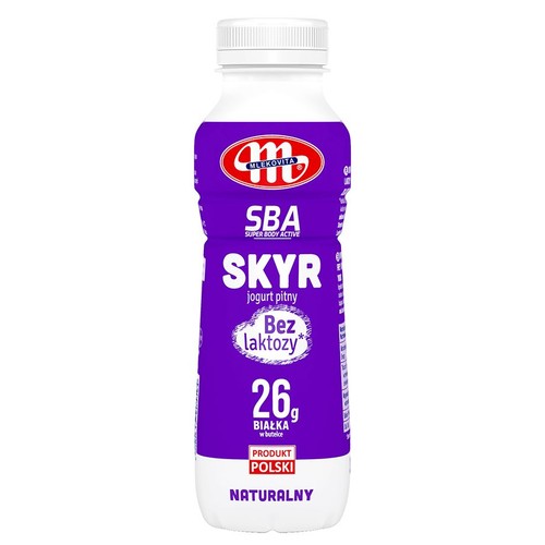 Butelka jogurtu pitnego Mlekovita Skyr SBA, naturalny, bez laktozy. Zawiera 26g białka.