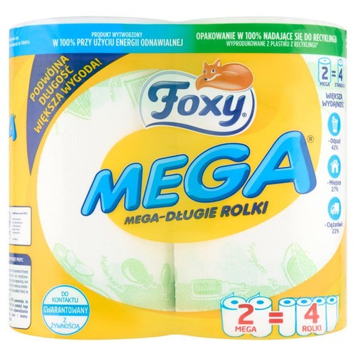 Foxy Mega papier toaletowy, 2 mega rolki o podwójnej długości, odpowiadające 4 standardowym. Opakowanie z recyklingu.