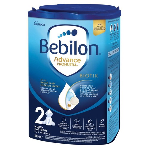 Mleko następne Bebilon Advance Pronutra BIOTIK 2, 800g. Dla dzieci powyżej 6. miesiąca. Kompletna kompozycja ze składnikami naturalnie występującymi w mleku matki. Z witaminami A, C, D, cynkiem, wapniem i magnezem.