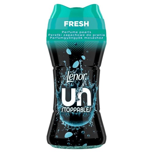 Czarna butelka Lenor Unstoppables Fresh, perełki zapachowe do prania. Na etykiecie niebieskie krople wody.