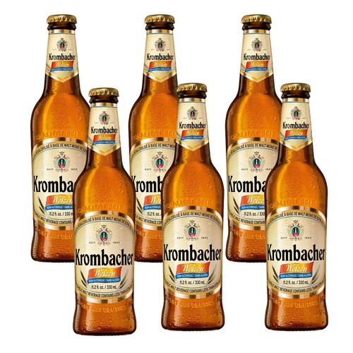 Zestaw 6 butelek piwa Krombacher Weizen bezalkoholowego, 330 ml każda. Na etykietach widnieje nazwa produktu, informacja o braku alkoholu oraz symbol kłosa pszenicy. Produkt z Niemiec.