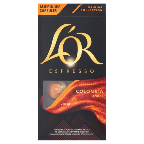 Opakowanie 10 kapsułek kawy L'OR Espresso Origins Collection Colombia Andes. Do ekspresów Nespresso.