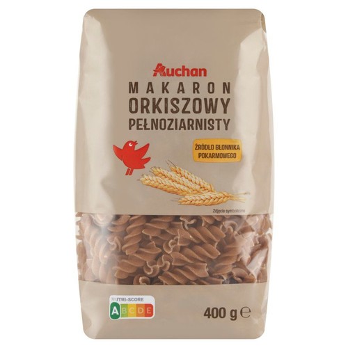 Brązowe opakowanie makaronu orkiszowego pełnoziarnistego Auchan, świder, 400 g. Przezroczyste okienko ukazuje makaron.