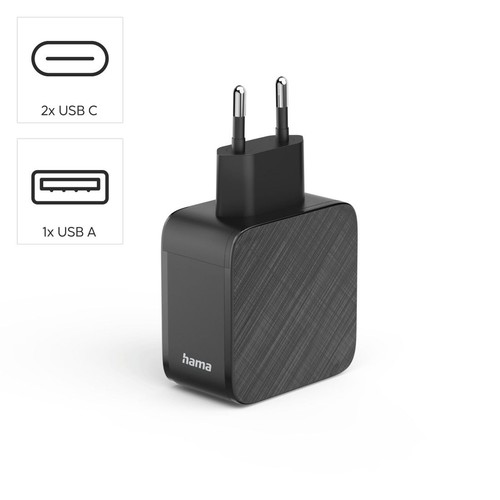 Adapter sieciowy Hama w kolorze czarnym. Wyposażony w 2 gniazda USB-C i 1 gniazdo USB-A.