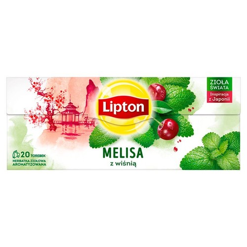 Lipton Melisa z wiśnią, herbatka ziołowa aromatyzowana, 20 torebek. Na pudełku wiśnie, mięta i japoński pejzaż.