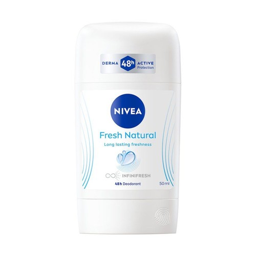 Nivea Fresh Natural 48h Deodorant w białym opakowaniu, 50 ml. Z napisem "DERMA 48h Aktywna ochrona".