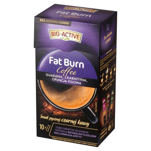 Kawa rozpuszczalna Big-Active Fat Burn z guaraną, L-karnityną i opuncją figową. 10 saszetek, bez cukru.