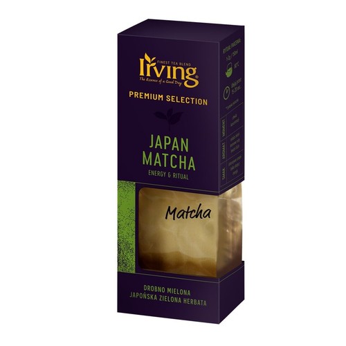 Fioletowe opakowanie herbaty Irving Japan Matcha Premium Selection. Widoczne okienko z zielonym proszkiem. Drobno mielona japońska zielona herbata.