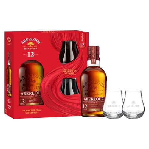 Elegancki zestaw Aberlour 12-letnia whisky single malt. W skład wchodzi butelka 700 ml szkockiej whisky oraz dwie szklanki degustacyjne z grawerowanym logo. Zestaw zapakowany jest w czerwone pudełko prezentowe.
