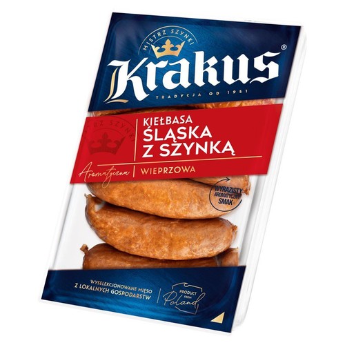 Opakowanie kiełbasy wieprzowej Krakus Śląska z Szynką. Produkt "Mistrz Szynki" z Polski.