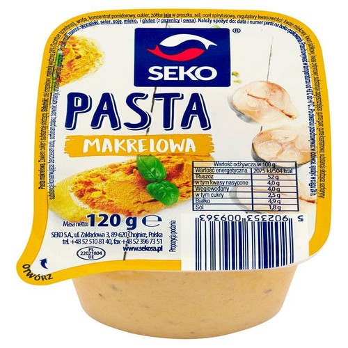 Żółte opakowanie pasty makrelowej marki Seko, 120 gramów. Etykieta zawiera logo firmy, duży napis "PASTA MAKRELOWA" oraz ilustracje: pieczywo z pastą i bazylią, a także dwa kawałki makreli. Z boku widoczna tabela wartości odżywczych i kod kreskowy.
