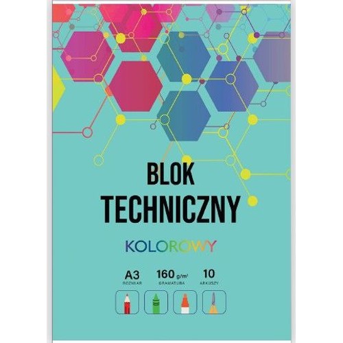 Blok techniczny kolorowy w formacie A3, gramatura 160 g/m², zawiera 10 arkuszy. Okładka w odcieniach turkusu z geometrycznym wzorem z różowych, niebieskich i fioletowych heksagonów. Na dole ikony przyborów plastycznych.