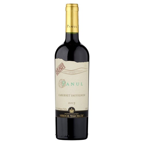 Ciemna butelka wina Panul Cabernet Sauvignon 2013 z Doliny Colchagua. Etykieta zawiera napis 'Rezerwa dojrzewająca w dębie' i nazwę winnicy Viñedos Marchigüe.