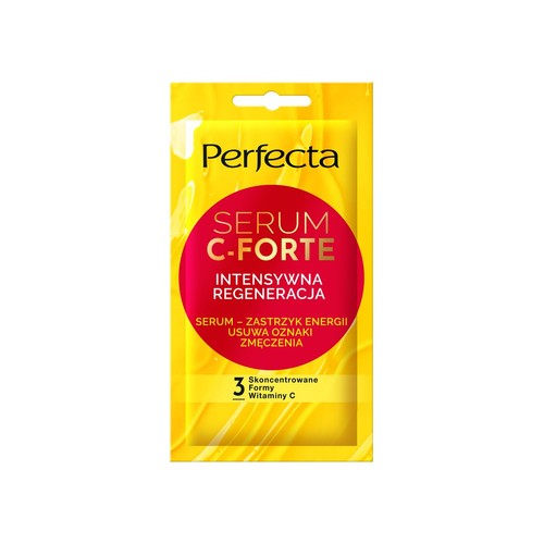 Żółta saszetka Perfecta Serum C-Forte z czerwonym okręgiem. Serum zapewnia intensywną regenerację, działa jak zastrzyk energii i usuwa oznaki zmęczenia. Formuła zawiera 3 skoncentrowane formy witaminy C.