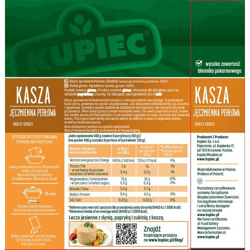 Kasza jęczmienna perłowa Kupiec 4 x 100 g