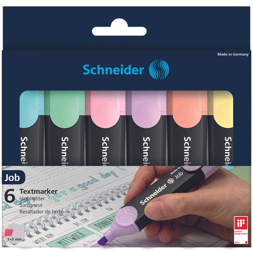 Zestaw 6 pastelowych zakreślaczy Schneider Job w opakowaniu. Widoczne kolory: niebieski, zielony, różowy, fioletowy, pomarańczowy, żółty.