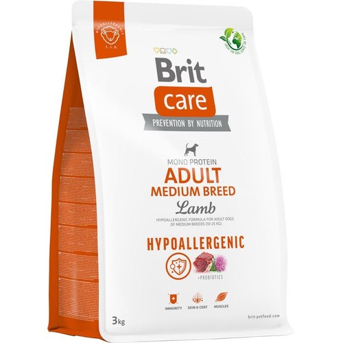 Karma Brit Care Prevention by Nutrition, hipoalergiczna, dla dorosłych psów średnich ras (10-25 kg). Smak jagnięciny, monobiałkowa formuła z probiotykami. Wzmacnia odporność, skórę, sierść i mięśnie. Opakowanie 3 kg.