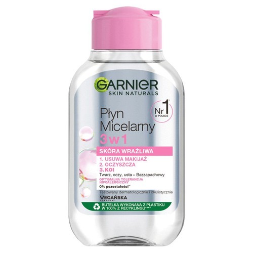 Micelarny płyn Garnier 3w1 dla skóry wrażliwej. Bezzapachowy, hipoalergiczny, testowany dermatologicznie. Wegański produkt.