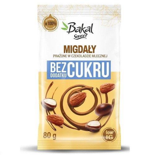 Opakowanie Bakal Sweet Migdały prażone w czekoladzie mlecznej, bez cukru. Produkt 80 g, z niskim indeksem glikemicznym.