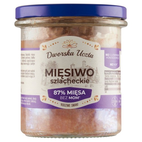 Produkt mięsny "Mięsiwo szlacheckie" w szklanym słoiku. Etykieta fioletowa, informuje o 87% mięsa i braku MOM.