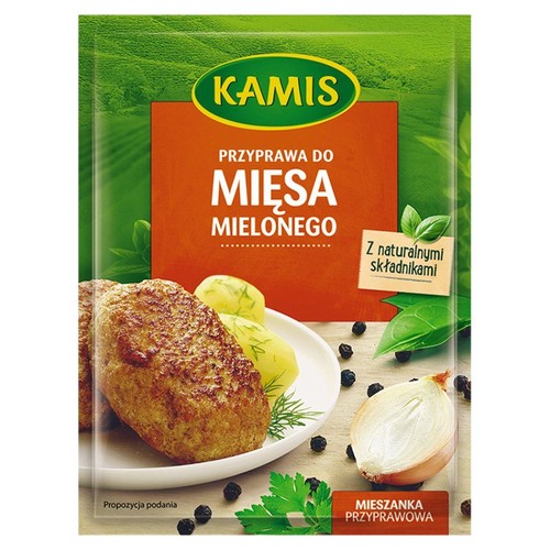 Opakowanie przyprawy Kamis do mięsa mielonego. Zielono-pomarańczowa saszetka z grafiką kotletów, ziemniaków i cebuli. Z naturalnymi składnikami.