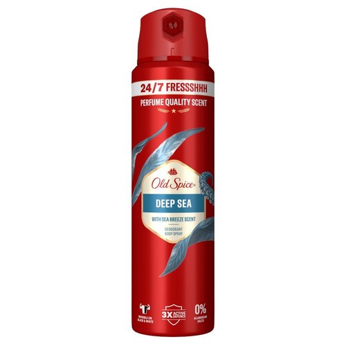 Czerwona puszka aerozolu Old Spice Deep Sea, dezodorant w sprayu. Na etykiecie grafika morskich liści i logo.