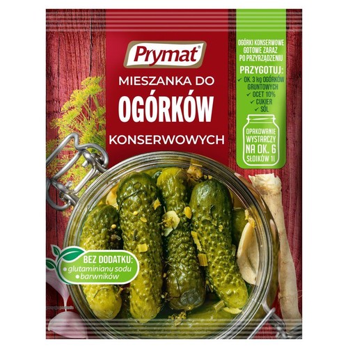 Prymat Mieszanka do Ogórków Konserwowych w czerwono-zielonym opakowaniu. Na opakowaniu słoik z ogórkami. Bez glutaminianu sodu i barwników.