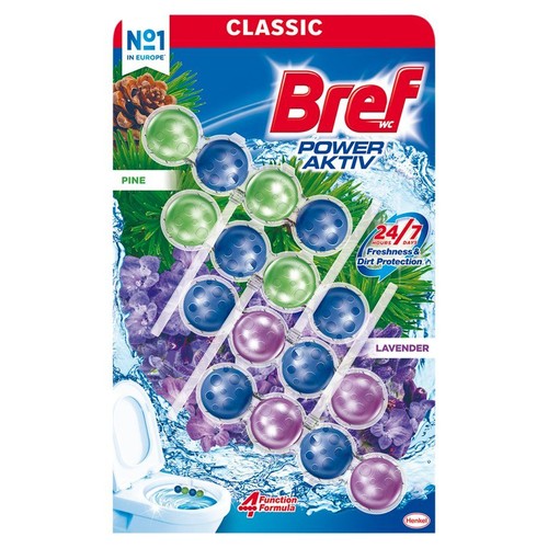 Opakowanie Bref WC Power Aktiv Classic, zawieszka do toalety z kulkami w kolorach zielonym, niebieskim i fioletowym. Świeżość 24/7.