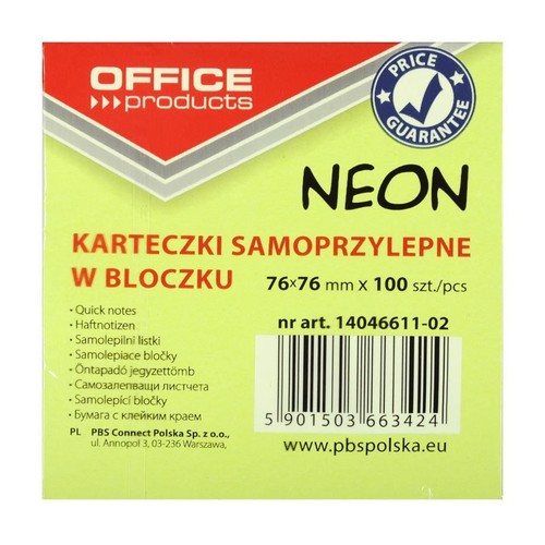 Opakowanie neonowych karteczek samoprzylepnych Office Products, 76x76 mm, 100 sztuk. Na opakowaniu logo "Gwarancja Ceny", kod kreskowy i numer artykułu 14046611-02. Produkt PBS Connect Polska.