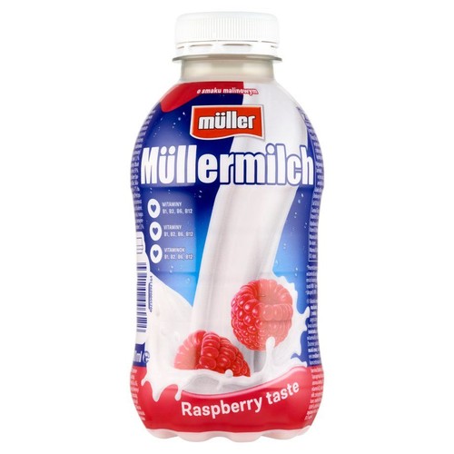 Butelka Müllermilch o smaku malinowym, 400 ml. Na etykiecie grafika malin i mleka. Zawiera witaminy B1, B2, B6, B12.