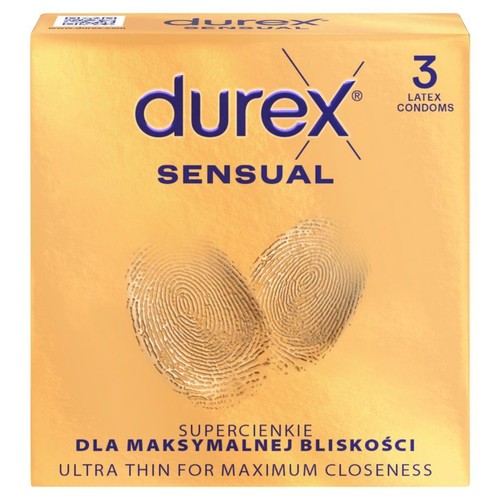 Złote opakowanie prezerwatyw Durex Sensual, 3 sztuki. Ultra cienkie dla maksymalnej bliskości.