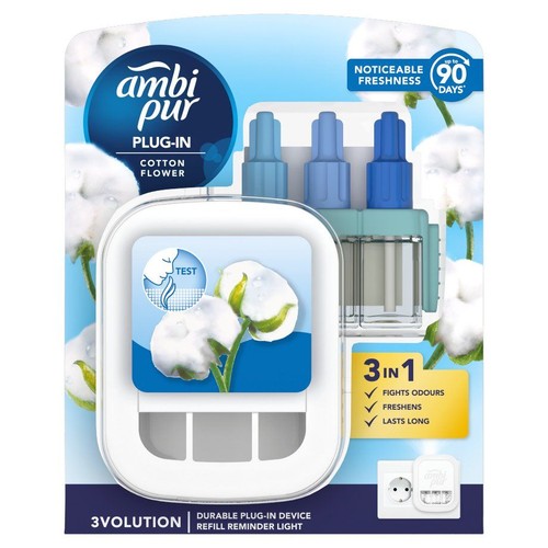 Opakowanie Ambi Pur Plug-In Cotton Flower, odświeżacza powietrza. Urządzenie 3 w 1 zwalcza zapachy, odświeża i jest długotrwałe.