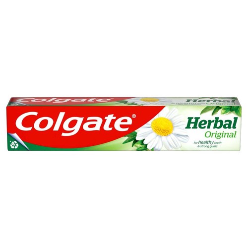 Opakowanie pasty Colgate Herbal Original. Na zielonym tle biały rumianek i zielone listki. Logo Colgate na czerwonym tle.