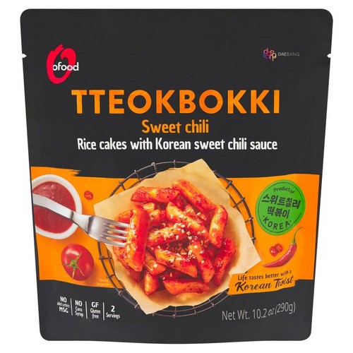 Opakowanie ofood Tteokbokki Sweet Chili, kluski ryżowe z koreańskim słodkim sosem chili. Produkt bez MSG i glutenu. Waga 290g.