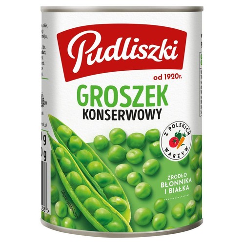 Puszka groszku konserwowego Pudliszki z zieloną etykietą. Na etykiecie nazwa produktu i grafika zielonego groszku.