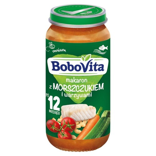 BoboVita, słoiczek z daniem dla niemowląt po 12 miesiącu. Na etykiecie napis "Makaron z Morszczukiem i Warzywami".