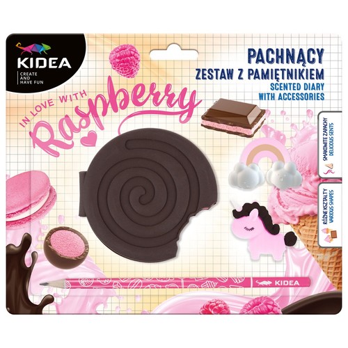 KIDEA pachnący zestaw z pamiętnikiem "In Love with Raspberry". Zawiera okładkę w kształcie ugryzionego ciastka, ołówek i akcesoria.