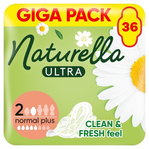 Naturella Ultra podpaski, 36 sztuk, normal plus. Zielone opakowanie z grafiką stokrotek.